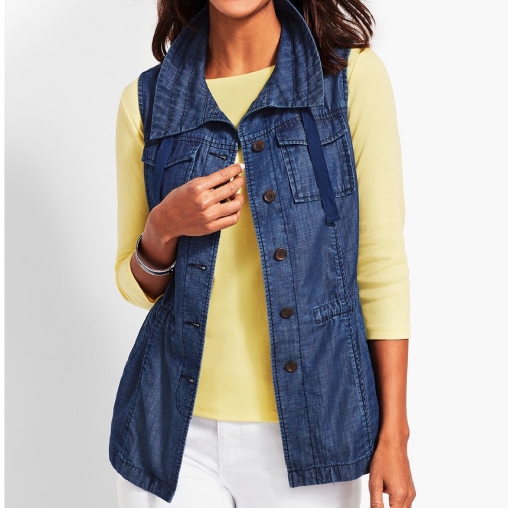 Talbots Blue Denim & Linen Blend Button-Up Utility or Cargo Vest